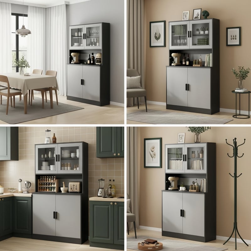 شاربدو شاربو خزانة بوفيه المطبخ الحديث الطويل مع أبواب زجاجية، لوحة جانبية 180 سم مع رفوف ميكروويف مفتوحة وتخزين مغلق، غرفة طعام حرة لغرفة المعيشة، مطبخ، 80x32x180CM - Image 2